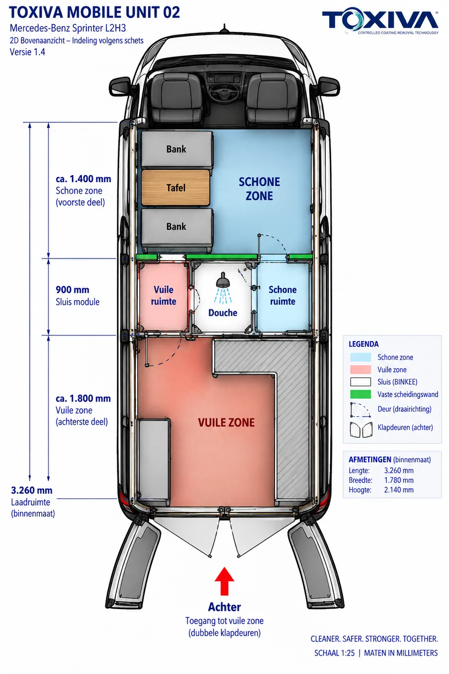 Plattegrond van de TOXIVA mobiele unit met schone zone, sluis en vuile zone